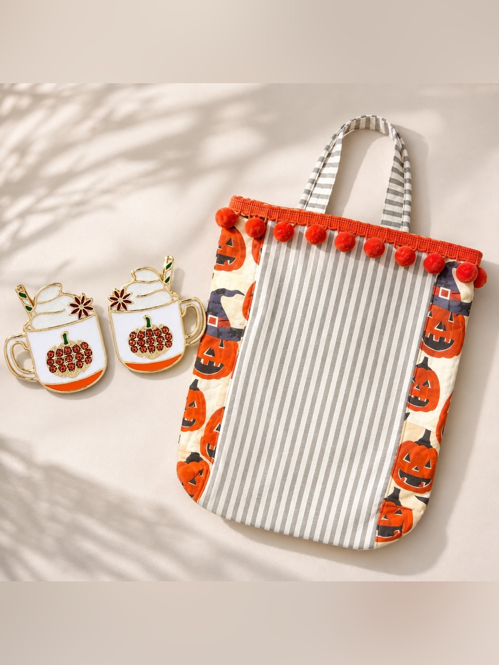 Halloween Pumpkin Tote Bag & Pumpkin Latte Enamel Eaerings Gift Set